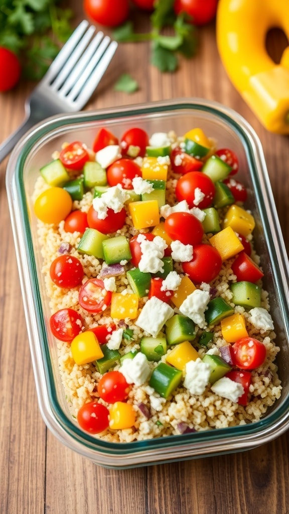 A colorful quinoa salad with vegetables in a meal prep container, garnished with feta cheese.